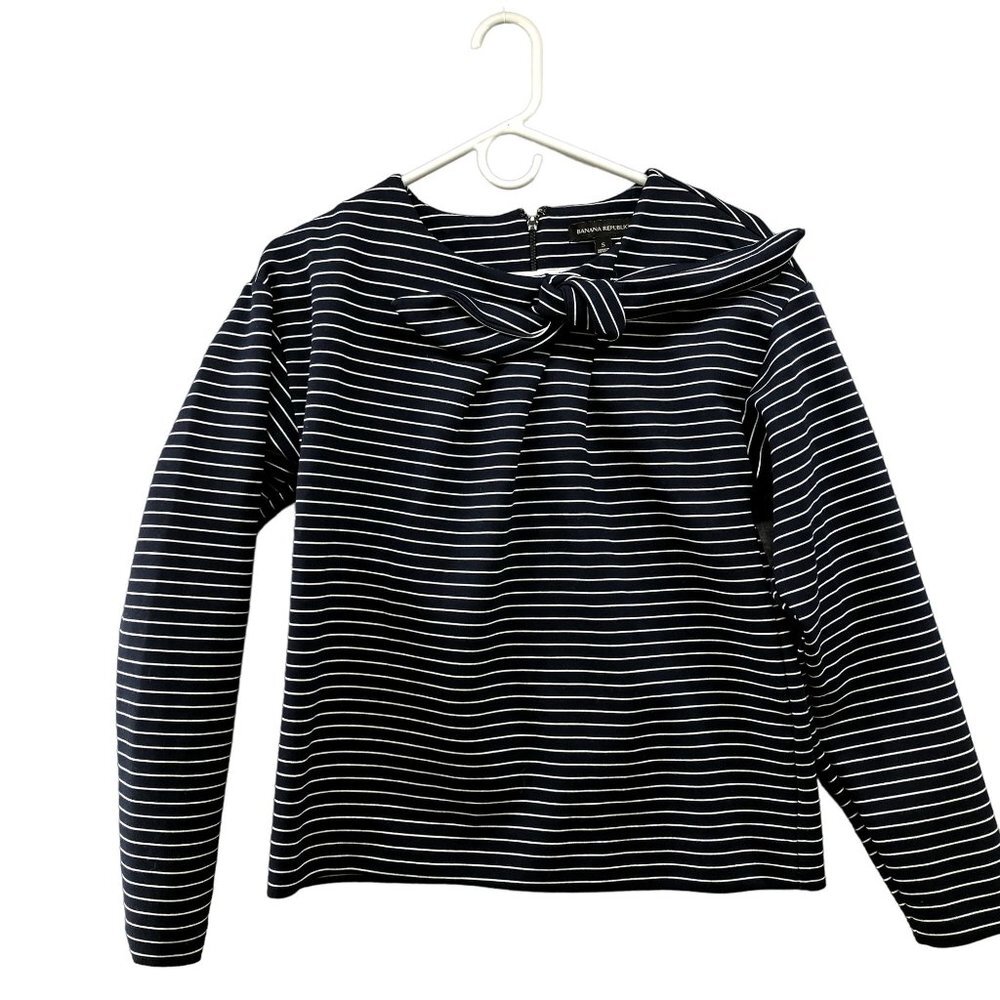 Banana Republic Long Sleeve Top‎ Ponte Knit Bow Front Navy Stripe Womens S Thick